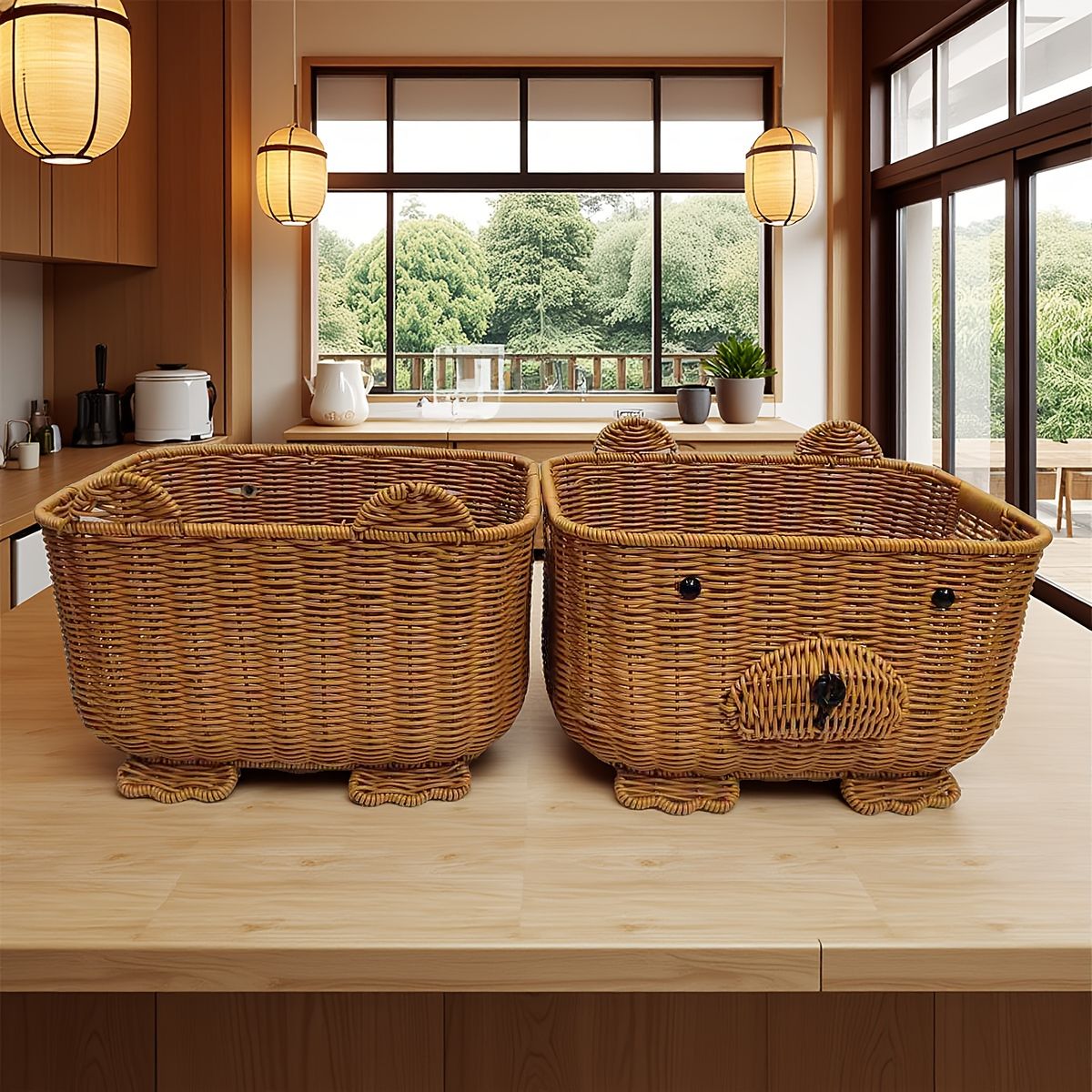 2個セット 手編みベアバスケット かわいいPP素材 日本風レトロデザイン ギフト ガーデン キャンプ パーティーに最適 感謝祭～新年まで年間通して使える装飾