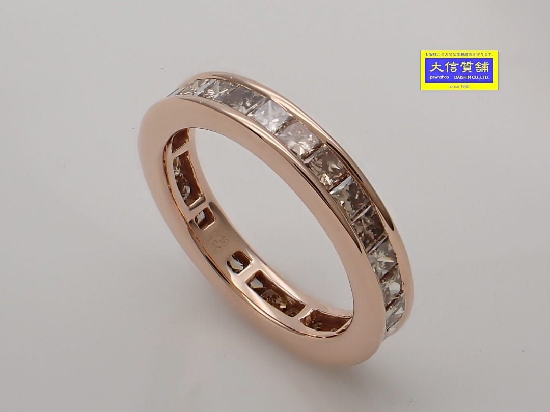 K18 ローズゴールド フルエタニティ プリンセスカットダイヤリング 1.30ct 6号 2.96g A C-9455 質屋