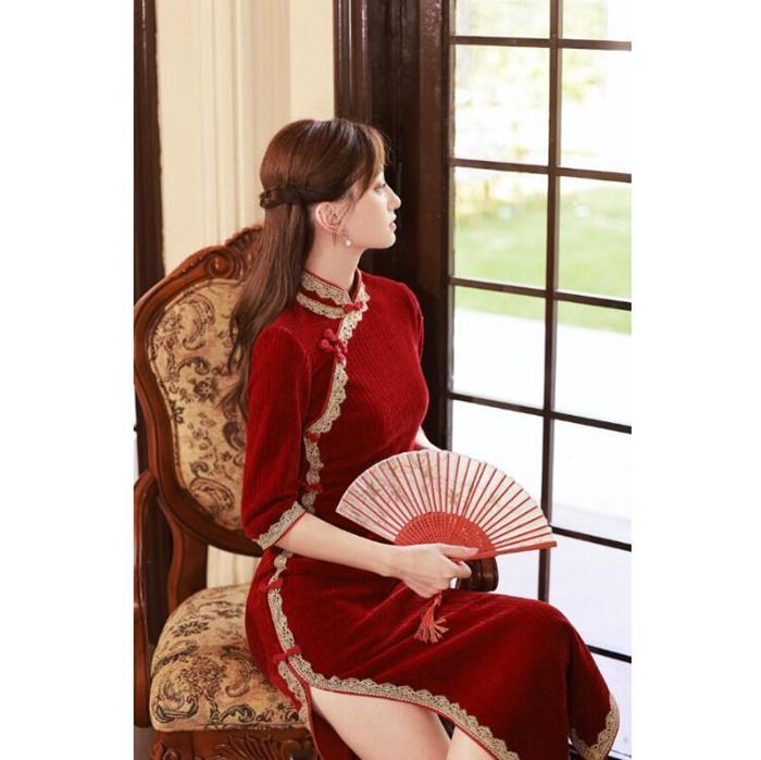 中華ドレス レース縁取り