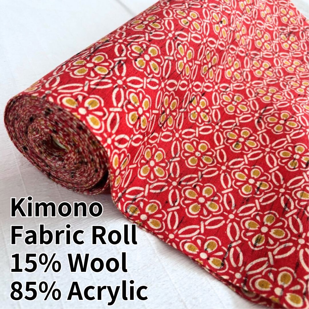 着物反物 赤 小花レトロ柄 一反（約12m）幅約37cm ウール15