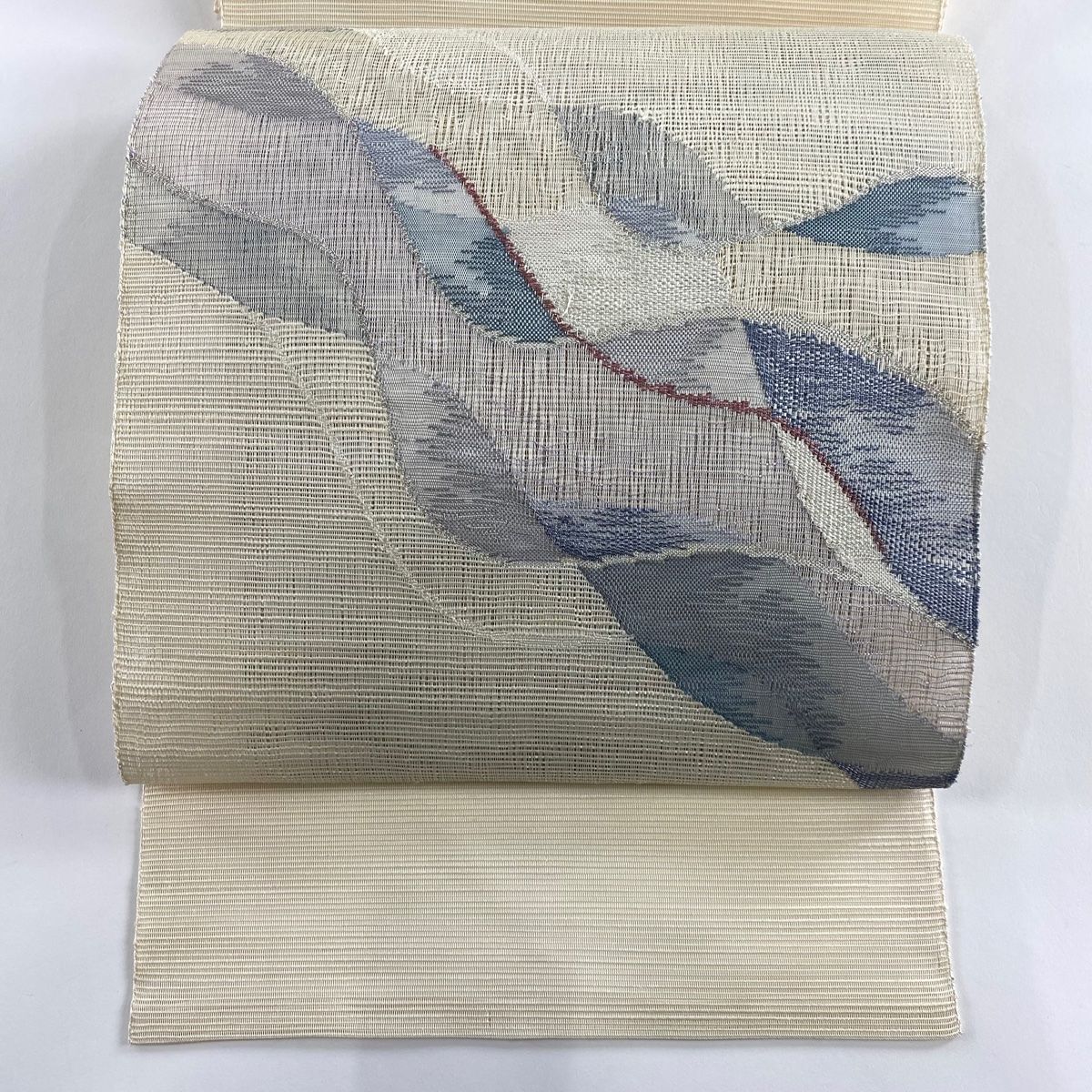 名古屋帯 秀品 夏帯 絽 八寸名古屋帯 松葉仕立て 幾何学模様 銀糸 クリーム 正絹