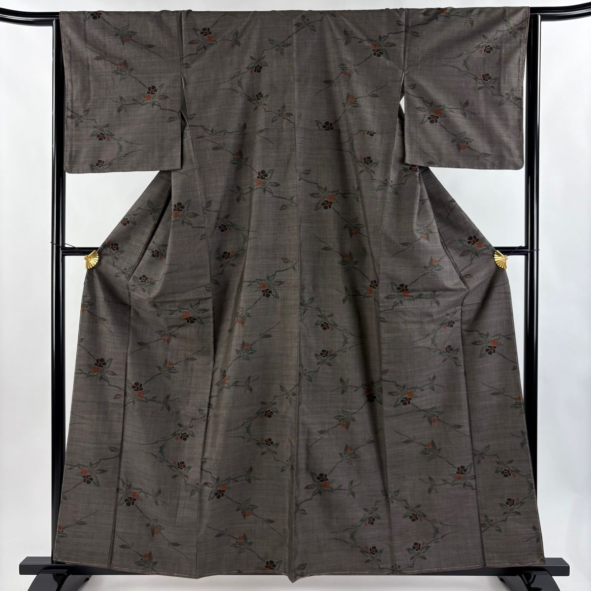 紬 身丈160cm 裄丈64.5cm M 袷 草花 焦茶色 正絹 秀品