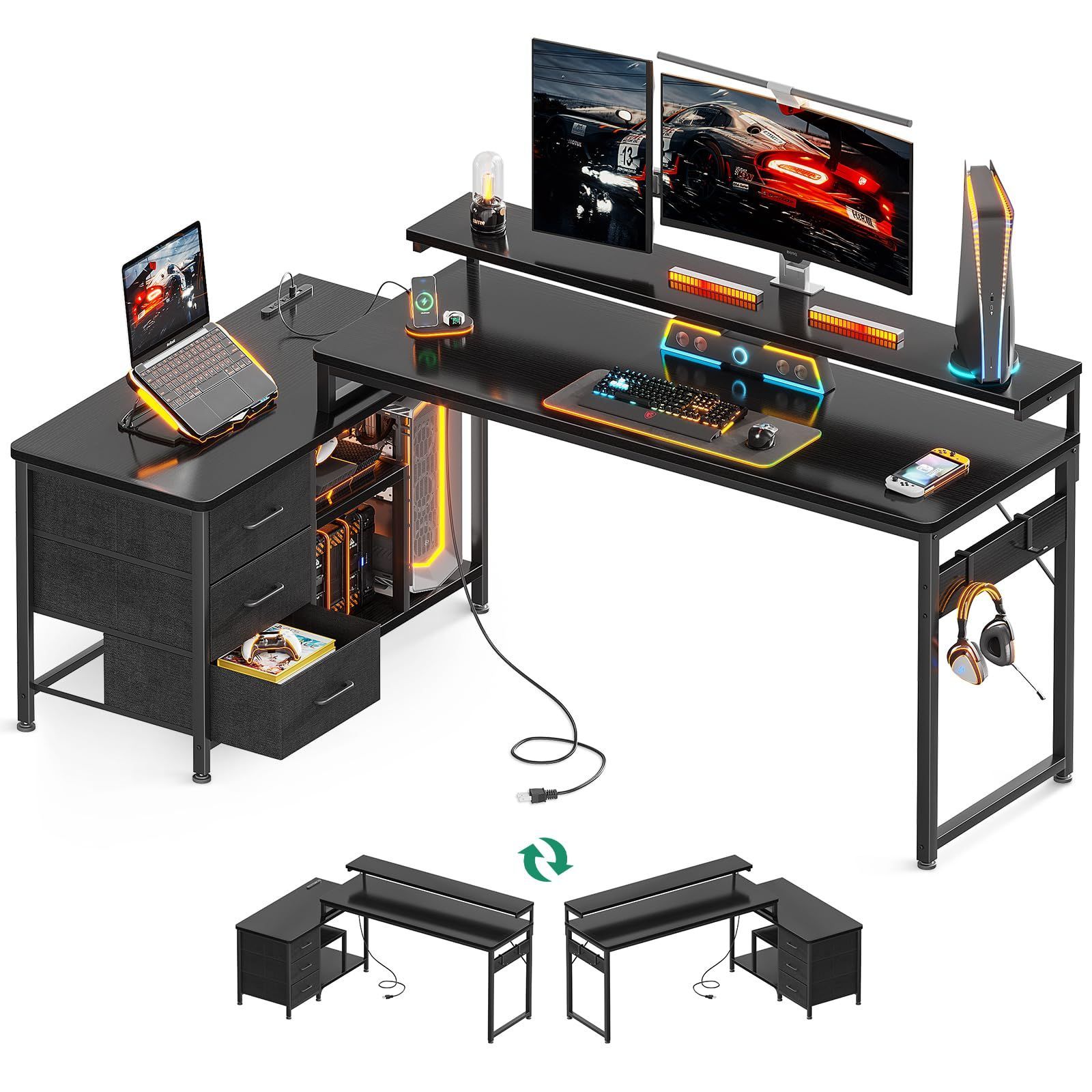 机 幅173*100 デスク pcデスク l字デスク 棚付き コーナーデスク コンセント付き 収納 ゲーミングデスク エル字デスク オフィスデスク 引き出し付き 仕事用 パソコンデスク 在宅勤務 組立簡単 O