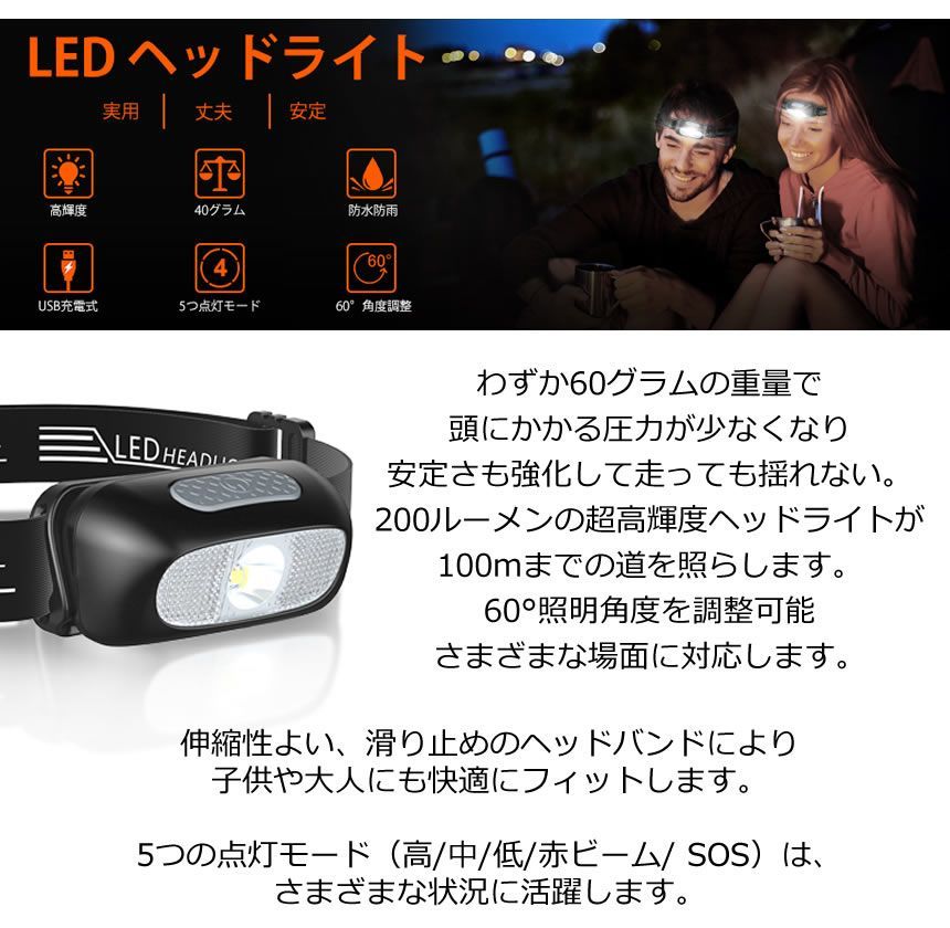 走っても揺れない軽さ】 ヘッドライト 充電式 軽量 USB充電式 LED アウトドア用ヘッドライト 60g 高輝度 超軽量 ヘッドランプ 登山 釣り  作業用 ランニング キャンプ LEDライト ワンタッチ消灯 防災 災害対策 KARUI - メルカリ