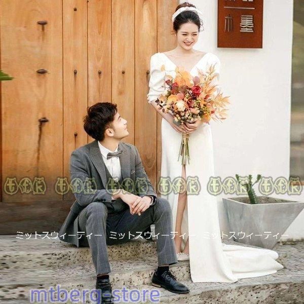 ウェディングドレス 半袖 ウエディングドレス 二次会 花嫁 パーティードレス スリット 披露宴 ブライダル 結婚式 ロングドレス フォトウェWP 926