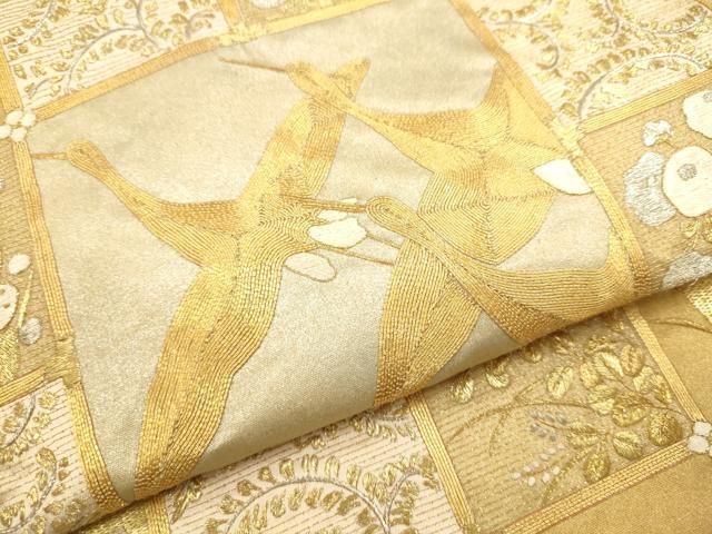 未着用　袋帯　立涌　花模様　金糸　着物　帯　011k 平和屋着物○袋帯 総刺繍 相良刺繍 駒刺繍 天井飛鶴草花文 金