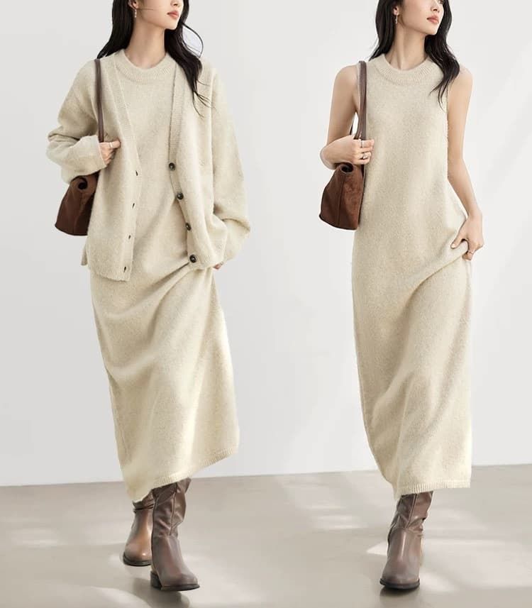 セットアップ 上下セット ニットワンピース ニットカーディガン 2点セット レディース ノースリーブワンピース 長袖カーディガン 着やせ 上品 エレガント 秋冬ドレス 結婚式 二次会 きれいめ カジュgelitai38