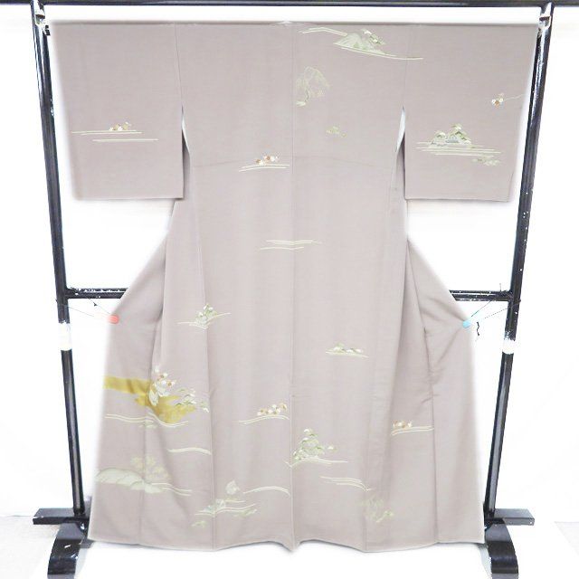 かずちゃん 新品 金駒刺繍 茶屋辻 着物 正絹 仕付け糸付 訪問着4895 未使用 京友禅 金駒刺繍 本金箔 花柄 訪問着 袷 正絹 グレー 紫