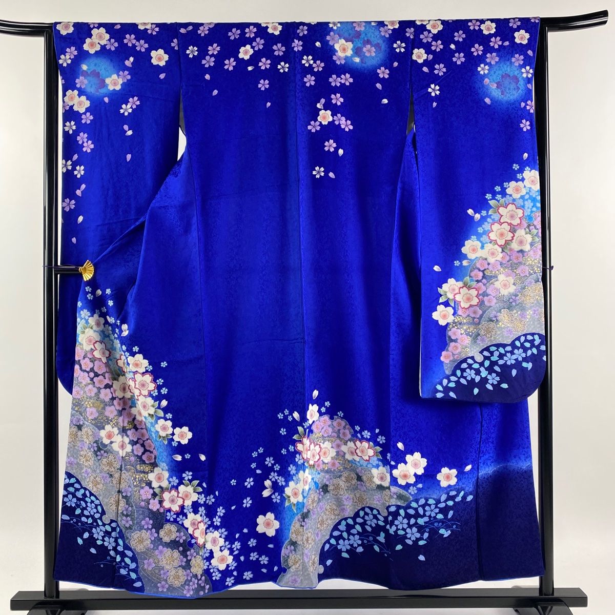 振袖 身丈155cm 裄丈65cm M 袷 桜 雪輪 金彩 ぼかし 青 正絹 美品