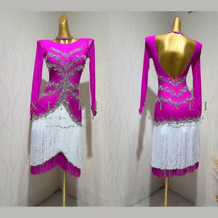 社交ダンスドレス ラテンドレス ピンク M フリンジ デモ