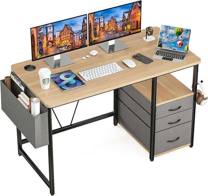【在庫処分】Sunon デスク パソコンデスク ラック付きpcデスク 幅120cm×奥行60cm 机 引き出し付き 勉強机 ドリンクホルダー デスク 在宅ワーク 作業机 テレワーク