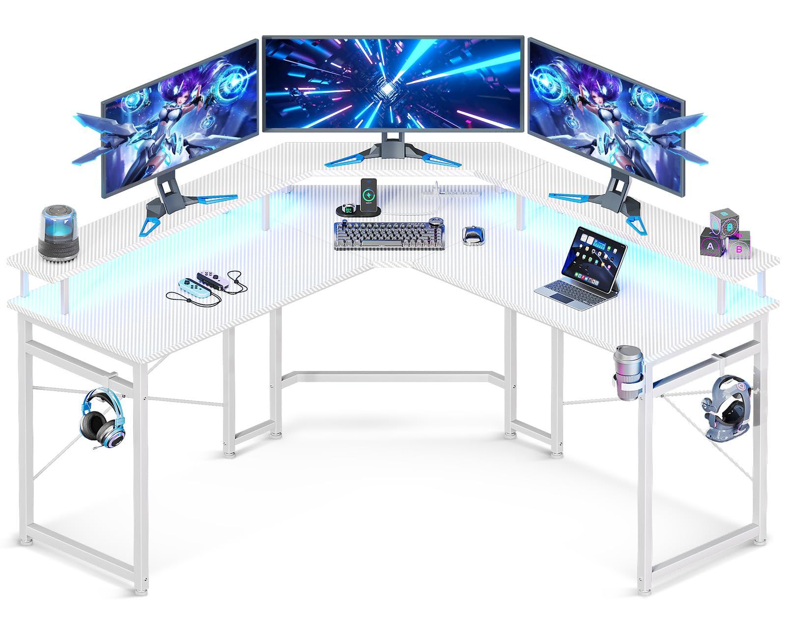 幅129 机 収納 desk パソコンデスク 仕事用 コンセント付き l字デスク 在宅勤務 ゲーミングデスク 組立簡単 ODK カーボン調ホワイト