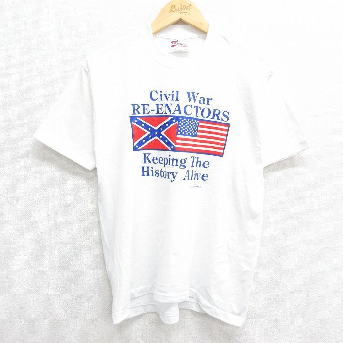 M/古着 半袖 ビンテージ Tシャツ メンズ 90s 南北戦争 国旗 サザンクロス クルーネック 白 ホワイト 23aug17 中古