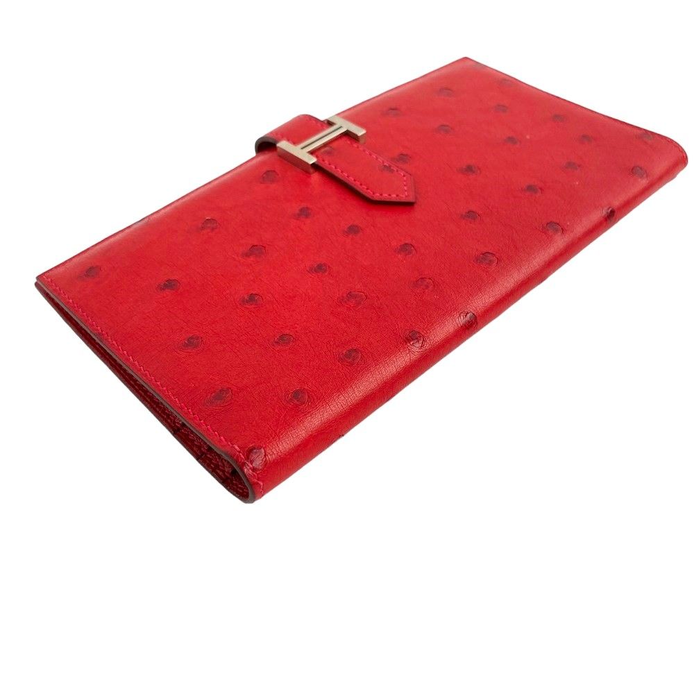 ■美品■　エルメス ベアン 長財布 オーストリッチ レッド C刻 【129056】 □美品□ エルメス ベアン 長財布 オーストリッチ レッド C刻 【129056