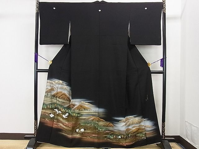 平和屋1□豪華黒留袖 作家物 手描き 風景群鶴文 金彩 逸品 ha5570