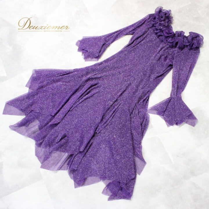 【社交ダンス衣装】パープル prima boutique プリマブティック ワンピース ドレス 紫 レース 花柄 リボン パーティー 上品 美品 日本製 社交ダンス】パープル CHACOTT ワンピース ドレス