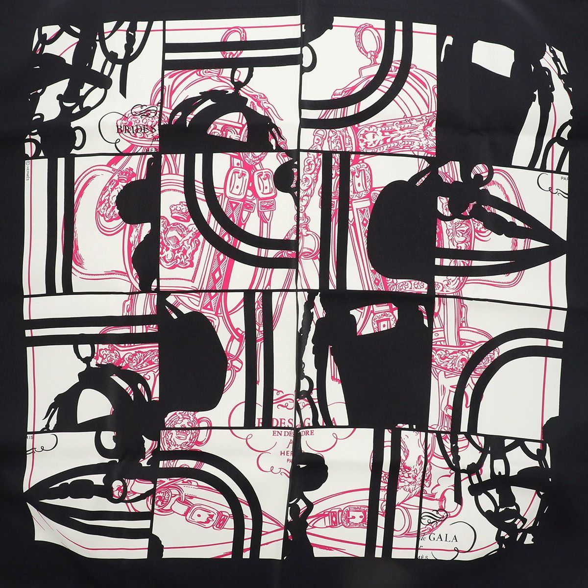 HERMES エルメス カレ70 スカーフ BRIDES DE GALA EN DES 無秩序 シルク|シルク ブラック ホワイト ピンク レディース