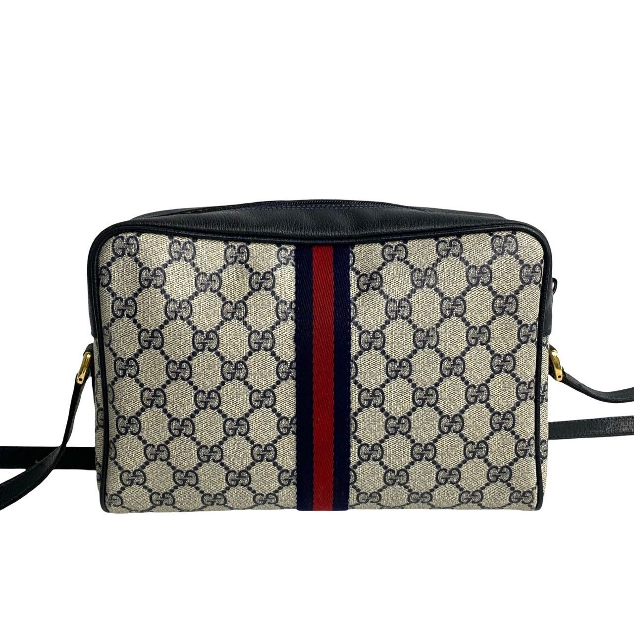 極 美品 GUCCI グッチ オールドグッチ ヴィンテージ シェリーライン GG ロゴ 金具 レザー ショルダーバッグ ポシェット ネイビー 296-2