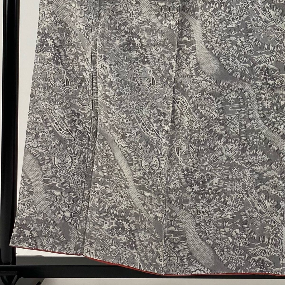 小紋 身丈157.5cm 裄丈65cm M 袷 蝶 草花 輝宝織 灰色 正絹 美品