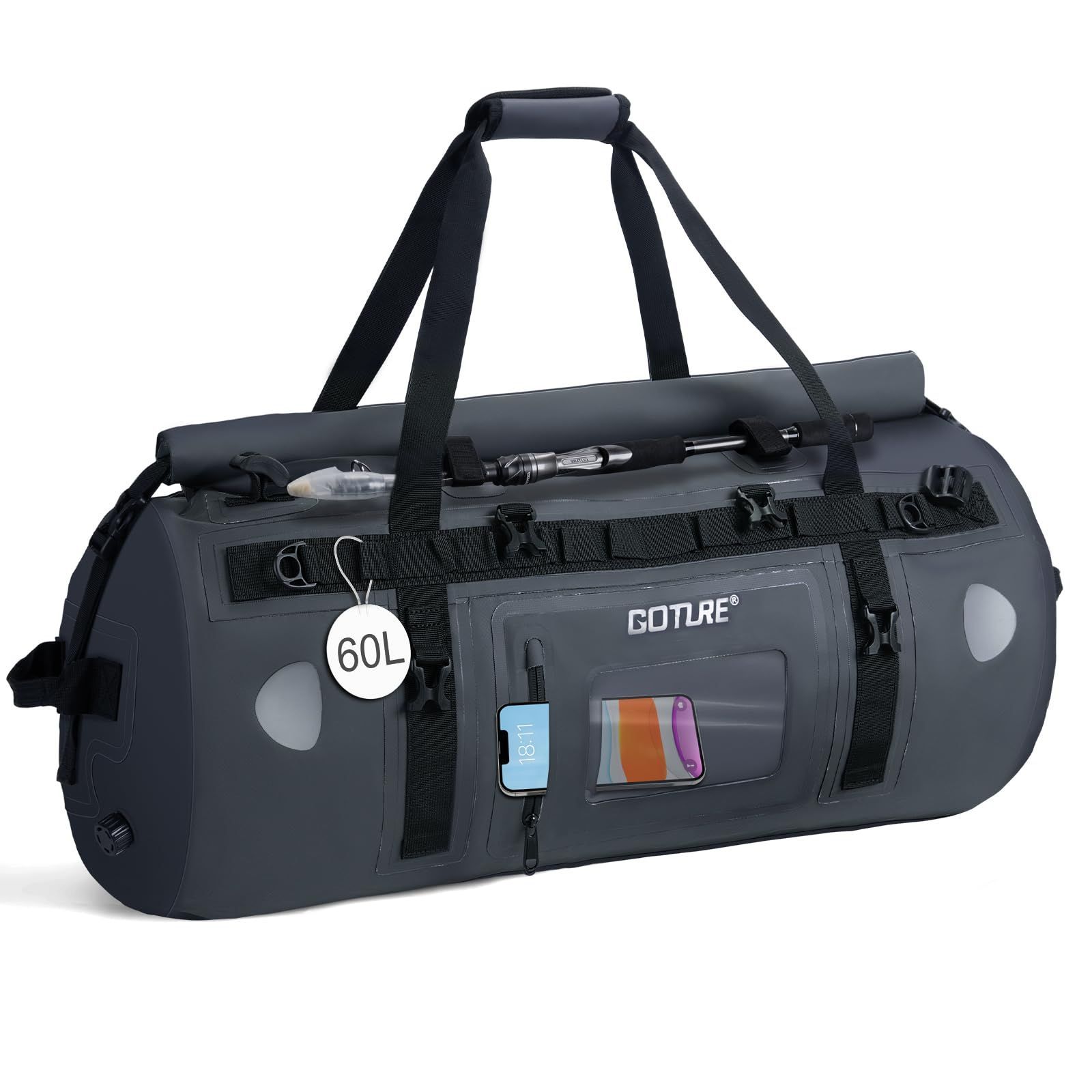 GOTURE(ゴチュール) バイクシートバッグ【60L・IPX6 完全防水】 ツーリングバッグ キャンプツーリング ショルダーストラップ付き 反射テープ付き ワンタッチ装着 防水 軽量 丈夫 ドラムバッグ 