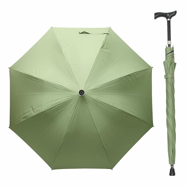 杖傘 F-SEASONS 高さ調整 ステッキ傘 長さ可変式 ステッキ 傘 一脚杖 ワンタッチ 晴雨兼用 UVカット 遮熱効果 長傘 祖父母 プレゼント 杖 自動開 散歩 ハイキング 旅行 行列 運動会 シニア モスグリーン