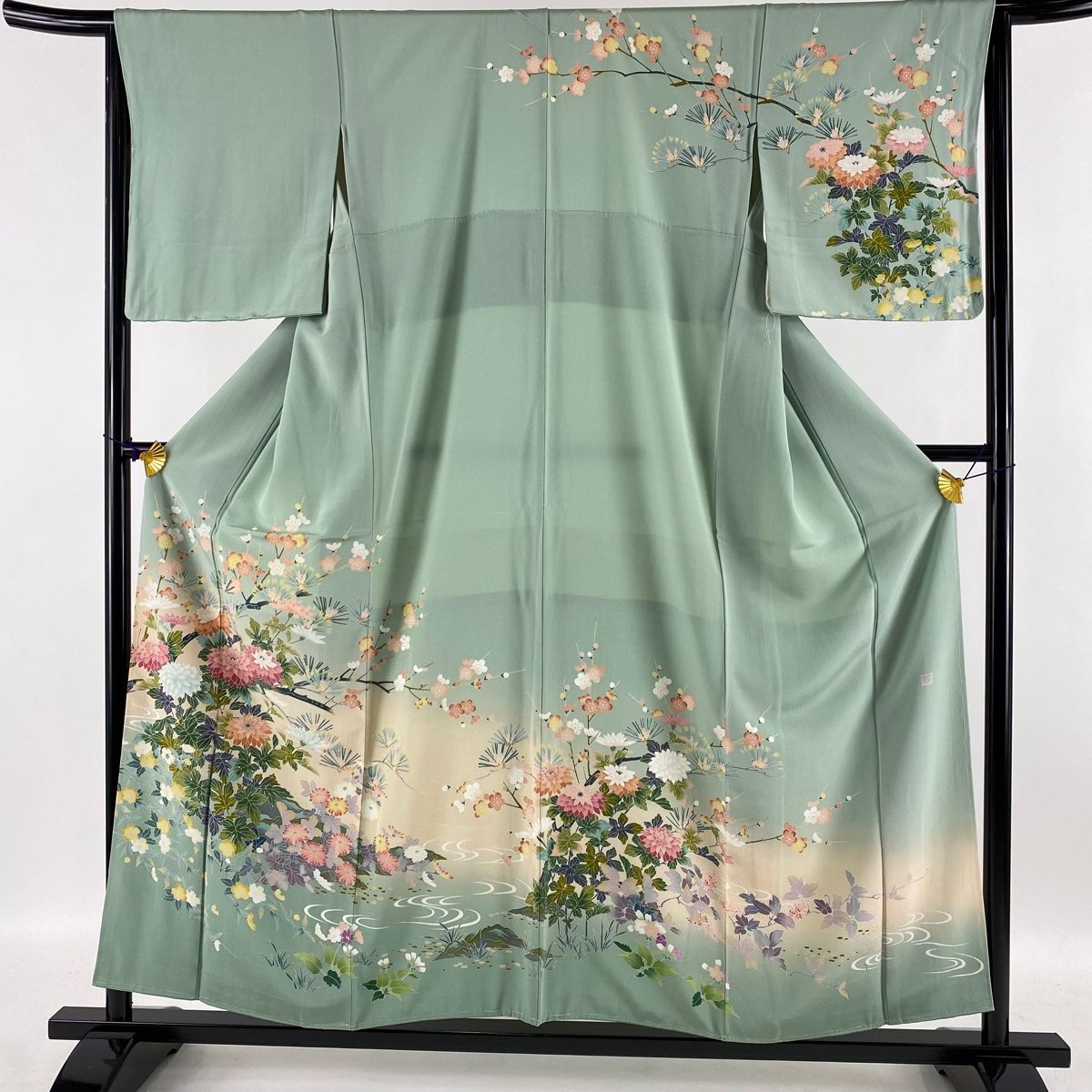 訪問着 美品 秀品 落款 草花 ぼかし 薄緑 袷 身丈156cm 裄丈64.5cm M