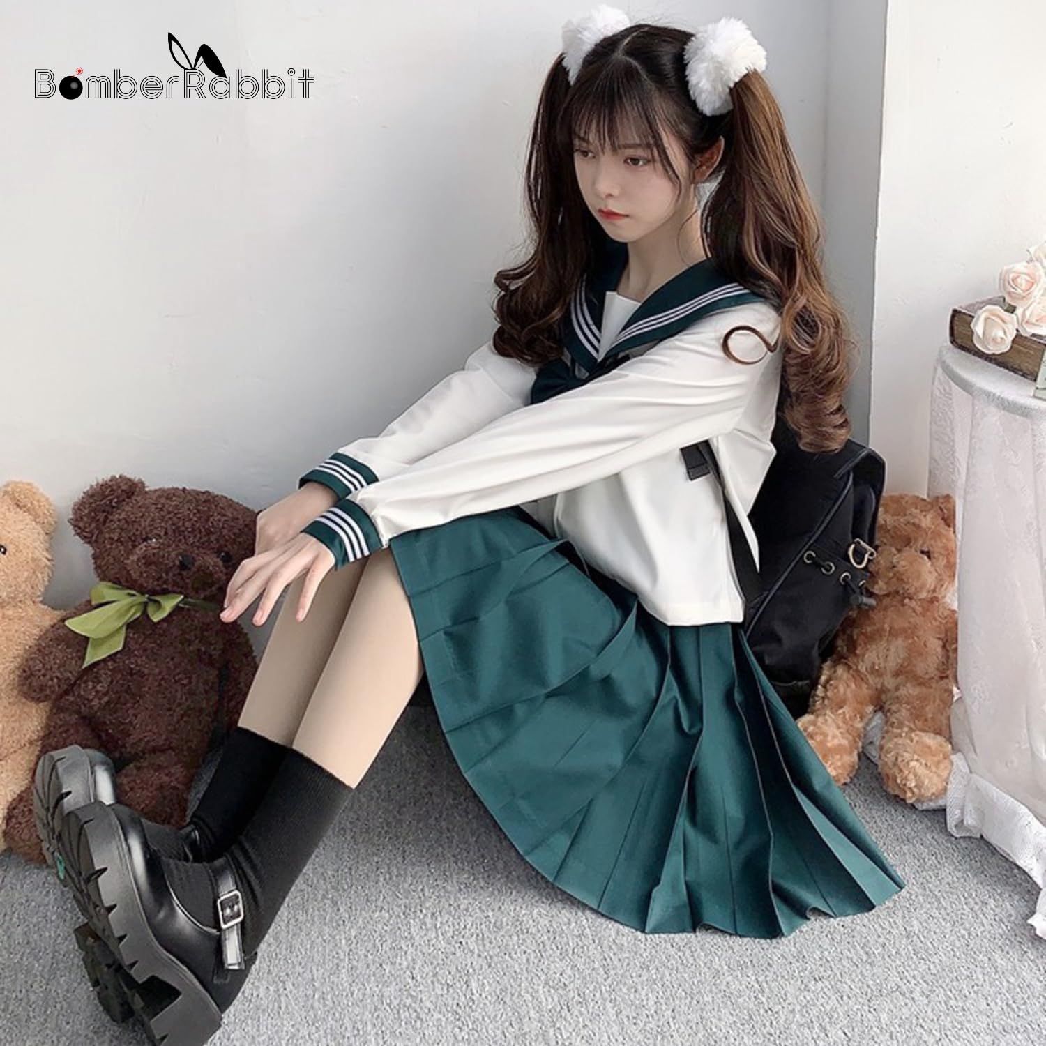 BomberRabbit] セーラー服 緑 コスプレ JK制服 蝶結び付き