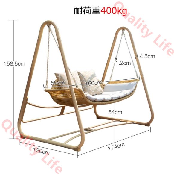ブランコ 屋外 2人乗り 手編み籐椅子 幅174×奥行120×高さ158cm クッション座面 自立式ブランコ おしゃれ ベンチスイング 大型 おもちゃ 遊具 2人用 屋外遊具 子供用 屋根無し 2人乗り 幅174×奥行120×高さ158.5cm