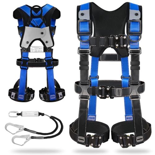 TT TRSMIMA フルハーネス 新規格 セット フルハーネス安全帯 - 安全保護 ワンタッチ バックル 脱着簡単 ハーネス安全帯 ランヤード付き 2丁掛け 肩パッド 収納袋付き 墜落制止用器具 高所作業用 電気工事 落下防止mp