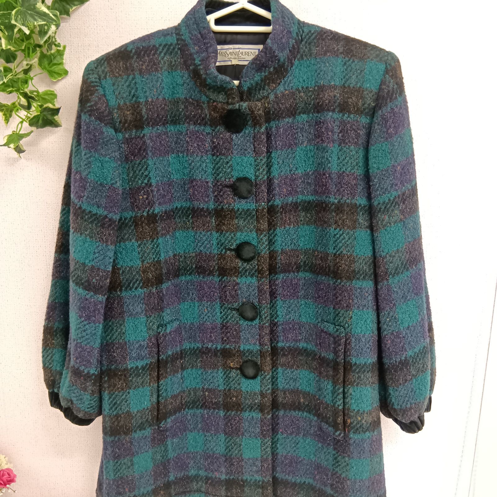 Yves Saint Laurent イヴサンローラン コート 9A3 M ウール チェック 古着 グリーン パープル ブラウン H1-41 ネ