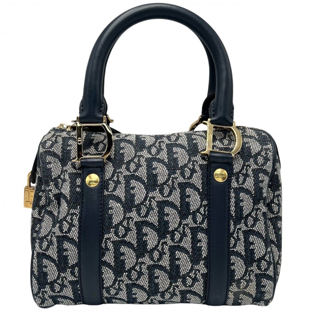 クリスチャンディオール ハンドバッグ レディース トロッター ミニボストンバッグ Christian Dior キャンバス レザー ネイビー 紺 ゴールド金具 品