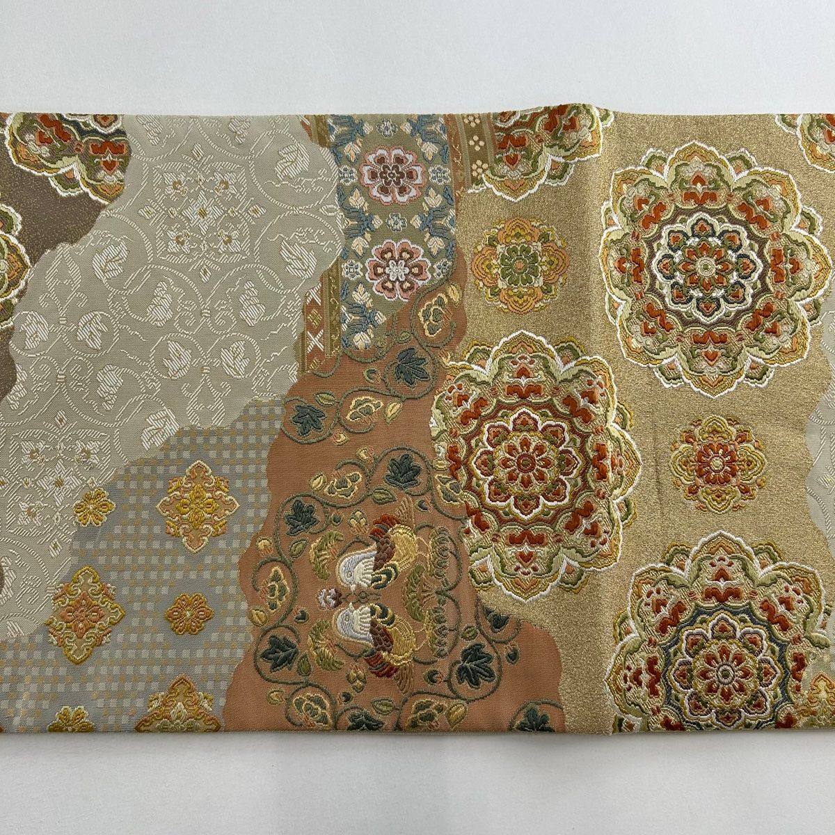 【美品】可愛い 正絹袋帯 古典柄　唐織　六通柄　ob-017 袋帯 美品 秀品 草花 金糸 唐織 金色 六通 正絹 中古 : リユース