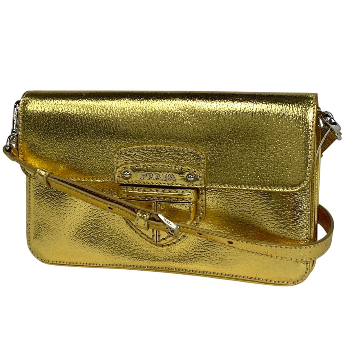 プラダ PRADA ロゴ ショルダーバッグ 2WAY クラッチバッグ レザー ゴールド BT0784 レディース