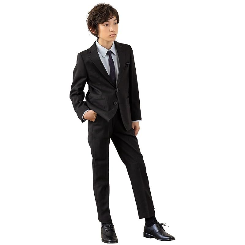 ビーティーゼット 卒業式 スーツ 男の子 キッズ 子供 卒服 ジュニア フォーマルスーツ 2釦 ブラック ストライプ ドビー 180cm