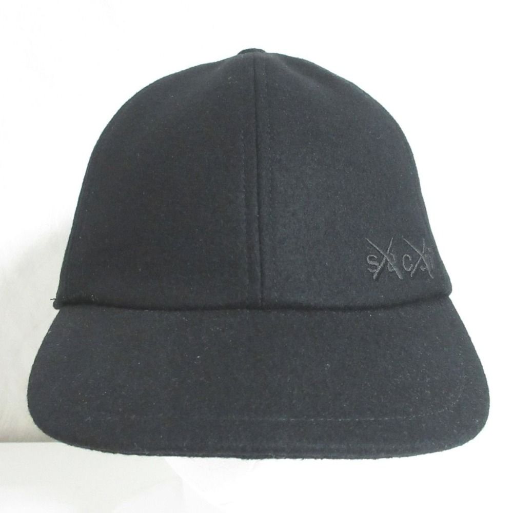 sacai×KAWS サカイ カウズ ロゴ刺繍 メルトンキャップ 帽子 21-0289S 1 ブラック メンズ 古着