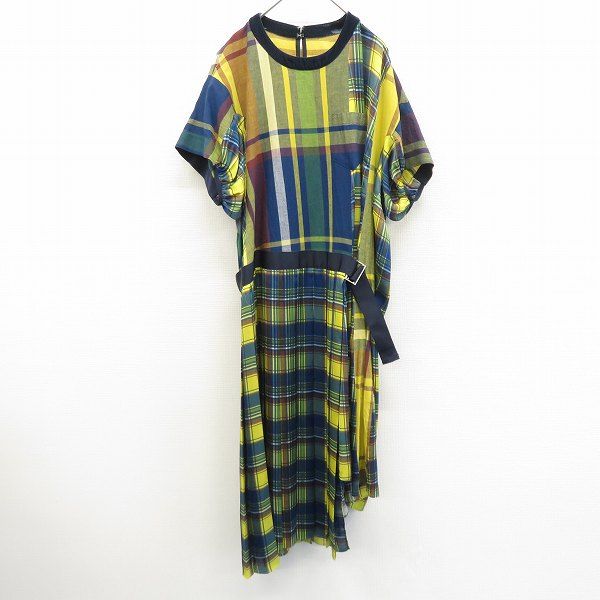 サカイ sacai ワンピース ロング チェック 飾りベルト付き プリーツ x941047