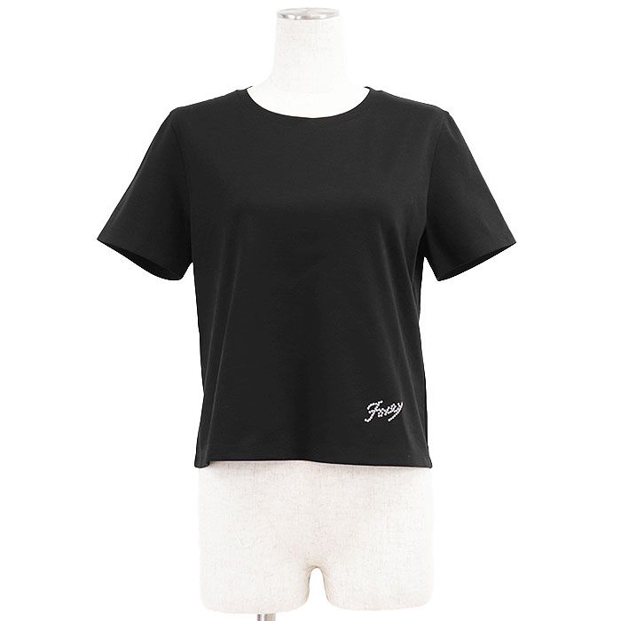 FOXEY NEW YORK フォクシー ニューヨーク 半袖Ｔシャツ ロゴ フラワーモチーフ スクリプト エンブロイダリー 刺繍 コットン ショートスリーブ クルーネック 丸首 カットソー レディース 40 黒 白 45274