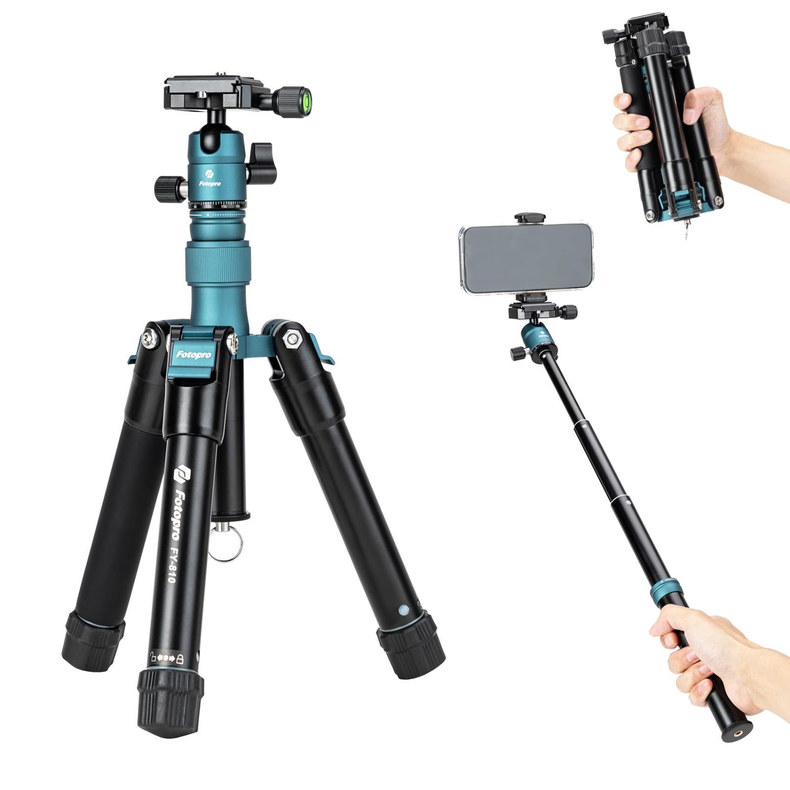 人気商品 Fotopro 140CM 旅行小型三脚 360 ° ボール ヘッド軽量コンパクト アルミニウム三脚カメラ電話マウント負荷 3KG FY-810 ブルー