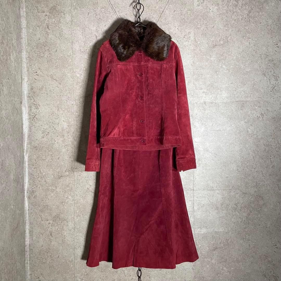 ヴィンテージ KETTY スウェードセットアップ ピッグレザー ファー つけ襟 ワインレッド ケティ