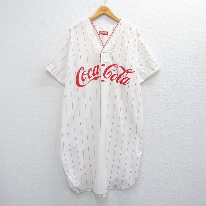 XL|古着 半袖 シャツ メンズ 90s コカコーラ ロング丈 白他 ホワイト ストライプ spe 25apr22 トップス