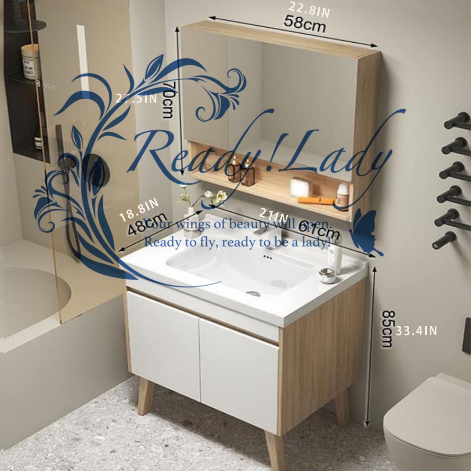 洗面化粧台 洗面台 2枚扉 二 三面鏡 セラミック容器シンク冷水＆温水蛇口 ロッカー付 全面収納 浴室の装飾 62cm