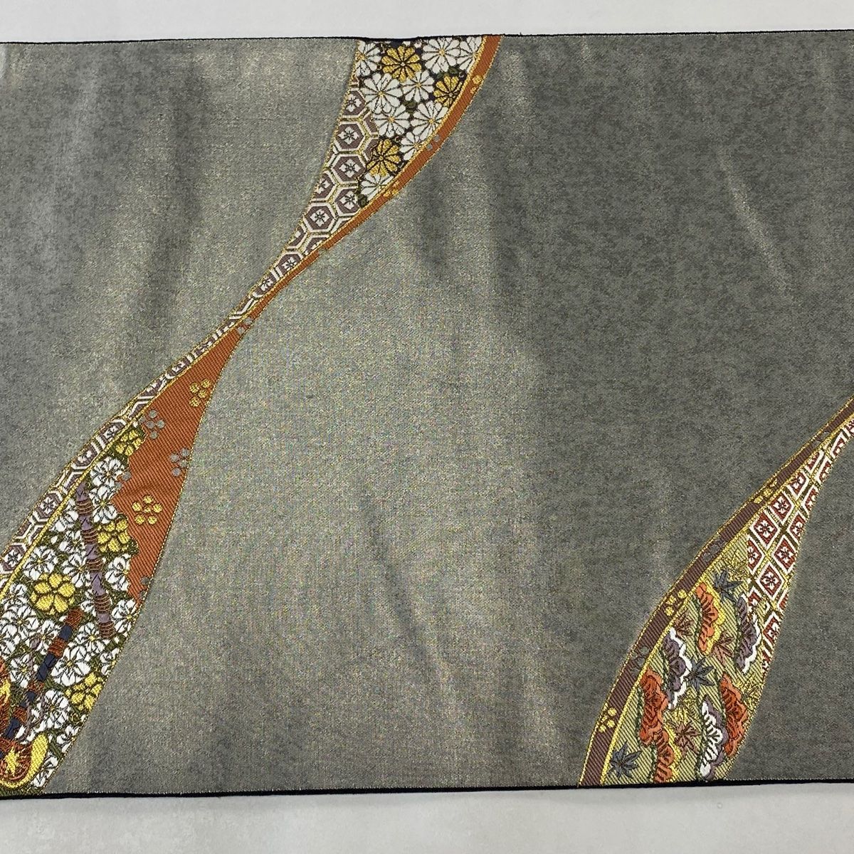袋帯 美品 秀品 扇 花鳥 金銀糸 箔 銀色 六通 正絹 【中古