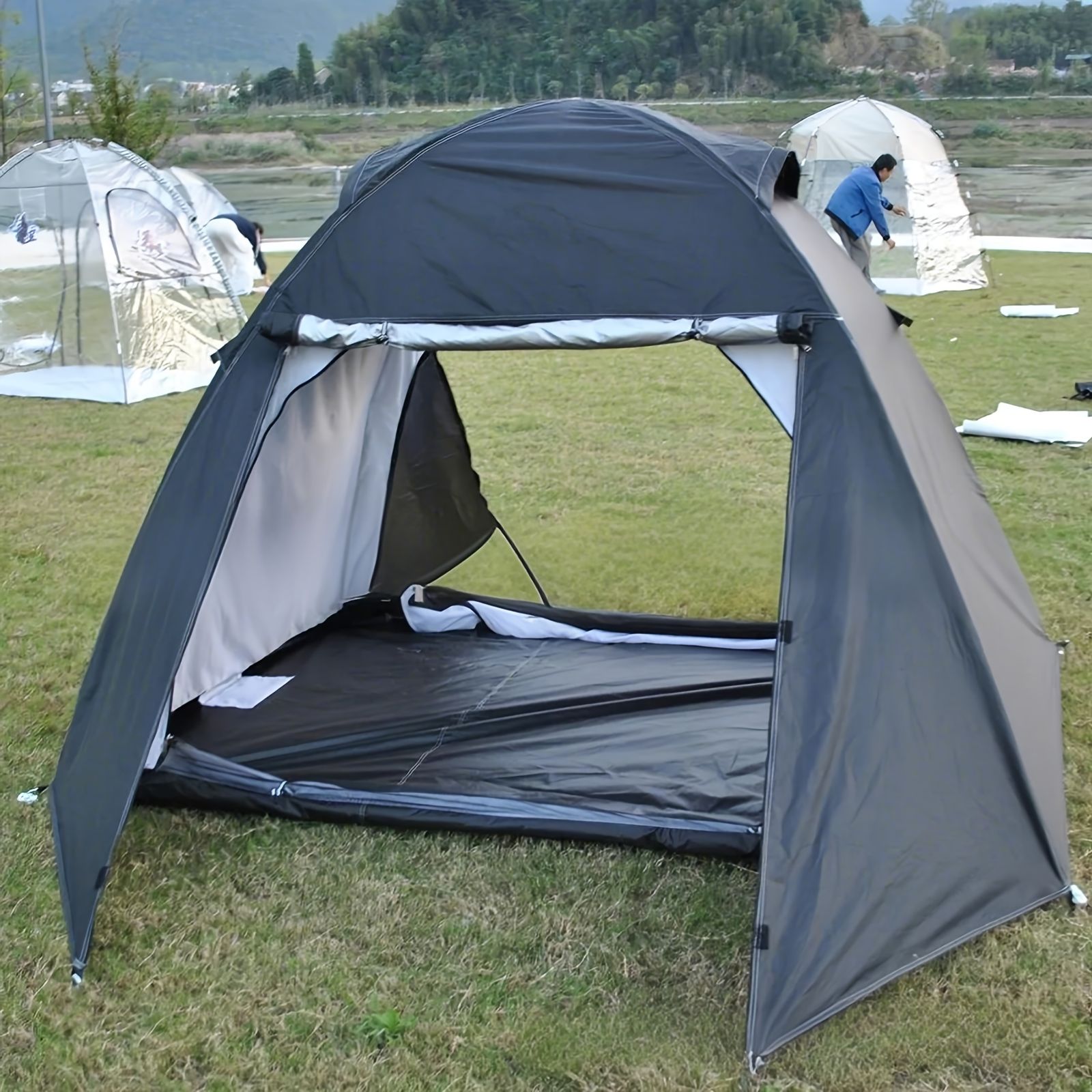 2人用防水PUキャンプテント四角形の形状とスチールポール＆ジッパークロージャー通気性と暖かさのオールシーズン対応ブラック -