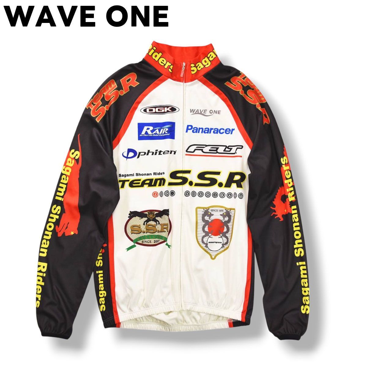 日本製 ウエイブワン WAVE ONE サイクリング ジャケット ジャージ ラグランスリーブ フルデコ スポンサー ロゴ L ホワイト x ブラック x レッド 自転車 二輪 スポーツ ウェア メンズ