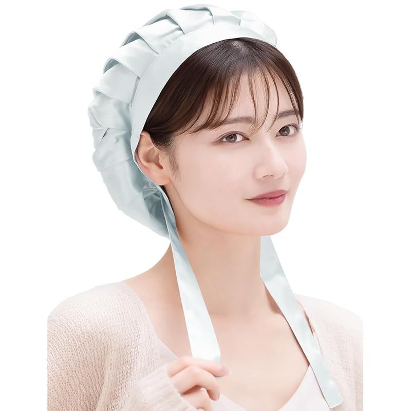 [COCOSILK] ナイトキャップ シルク リボン 紐 シルクキャップ ショートヘア シルクナイトキャップ 就寝用 シルク100% ヘアキャップ （M・ライトブルー） 0