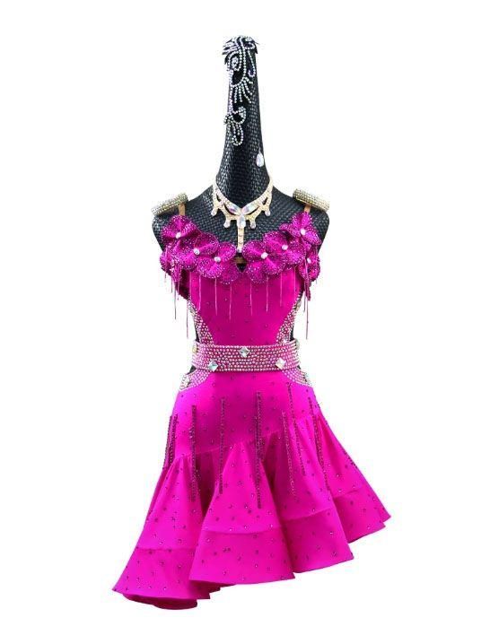 ラテンワンピースドレス 社交ダンス衣装 立体花 ローズ オーダーメイド