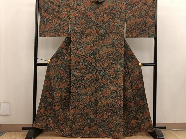 平和屋着物□上質な小紋 更紗花文 鬼しぼ縮緬 正絹 逸品 BAAV0877mz