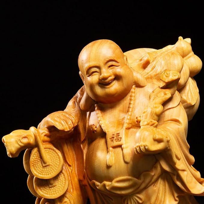 在庫処分】木彫り仏像 七福神 置物 布袋 様 ツゲ製高級木彫り