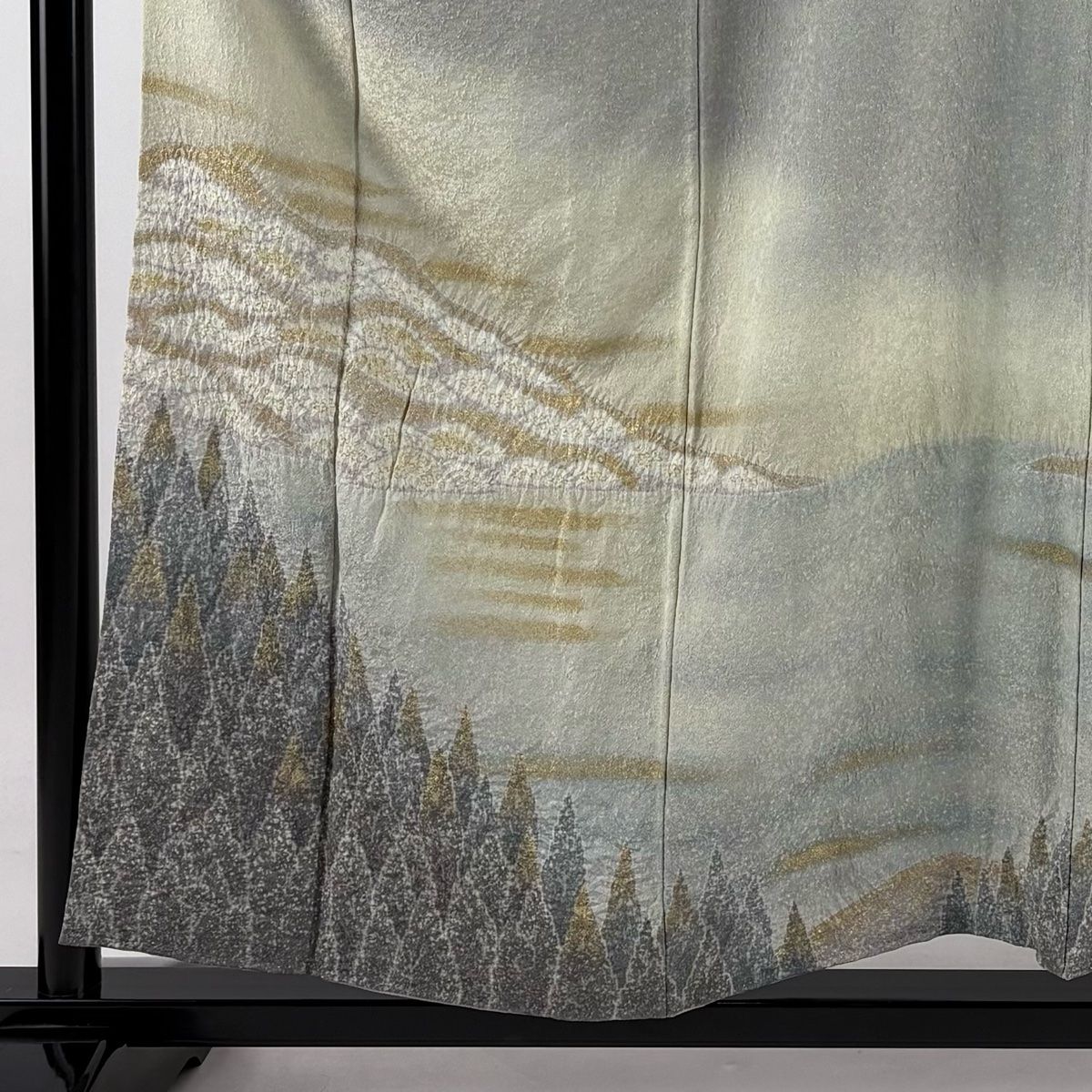訪問着 身丈155.5cm 裄丈61.5cm S 袷 樹木 山 銀通し 金彩 灰緑 正絹 秀品