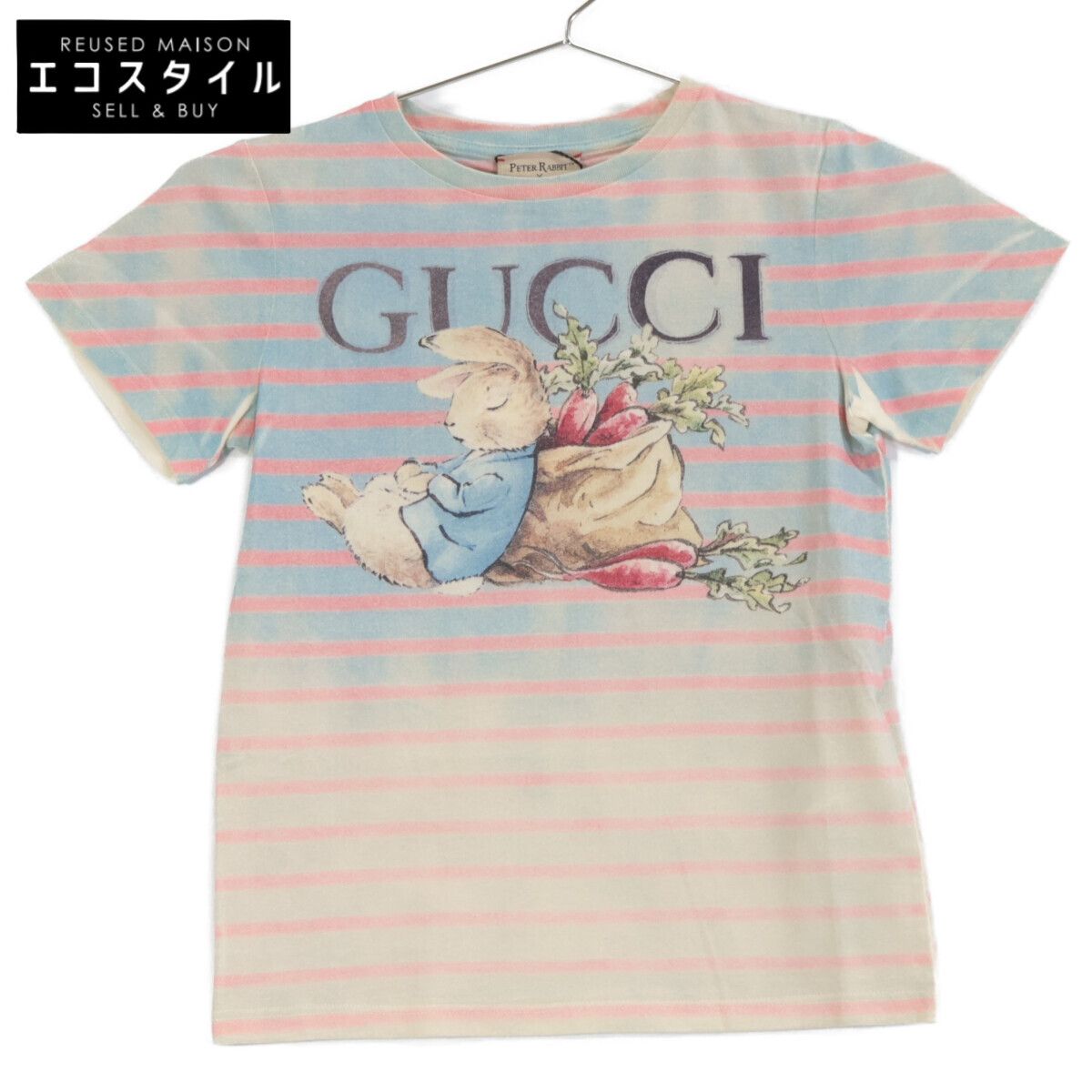 GUCCI グッチ XJF6C ﾌﾞﾙｰ|ﾍﾞｰｼﾞｭ ﾋﾟｰﾀｰﾗﾋﾞｯﾄ ﾌﾟﾘﾝﾄTｼｬﾂ 6